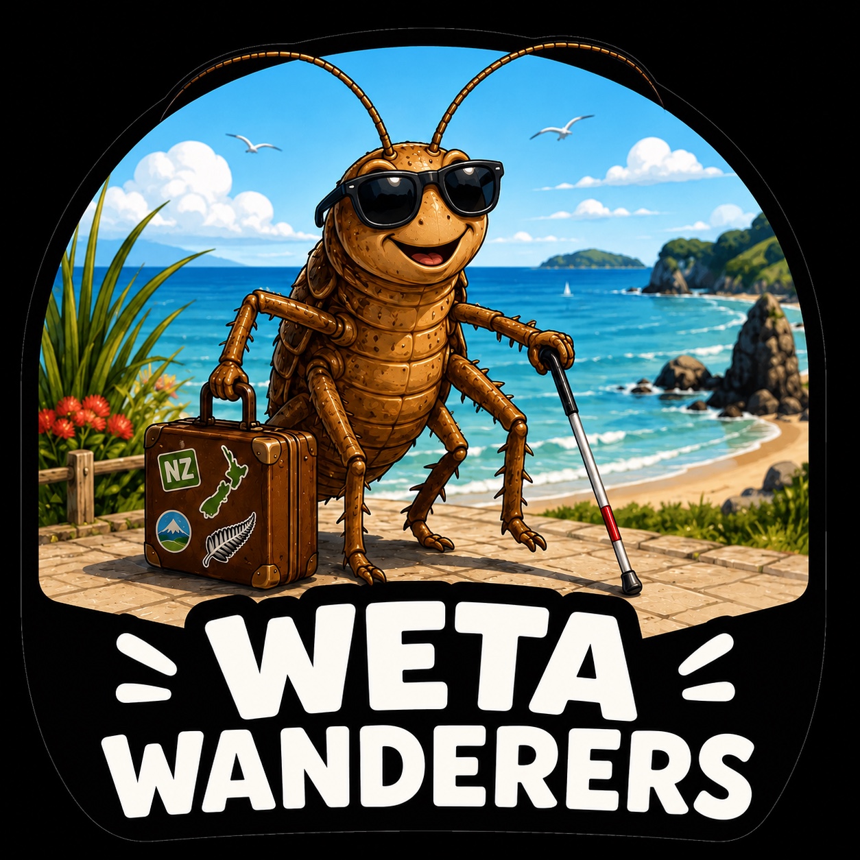 Weta Wanderers logo showing a friendly weta traveller wearing sunglasses, carrying a suitcase and using a white cane beside a New Zealand beach